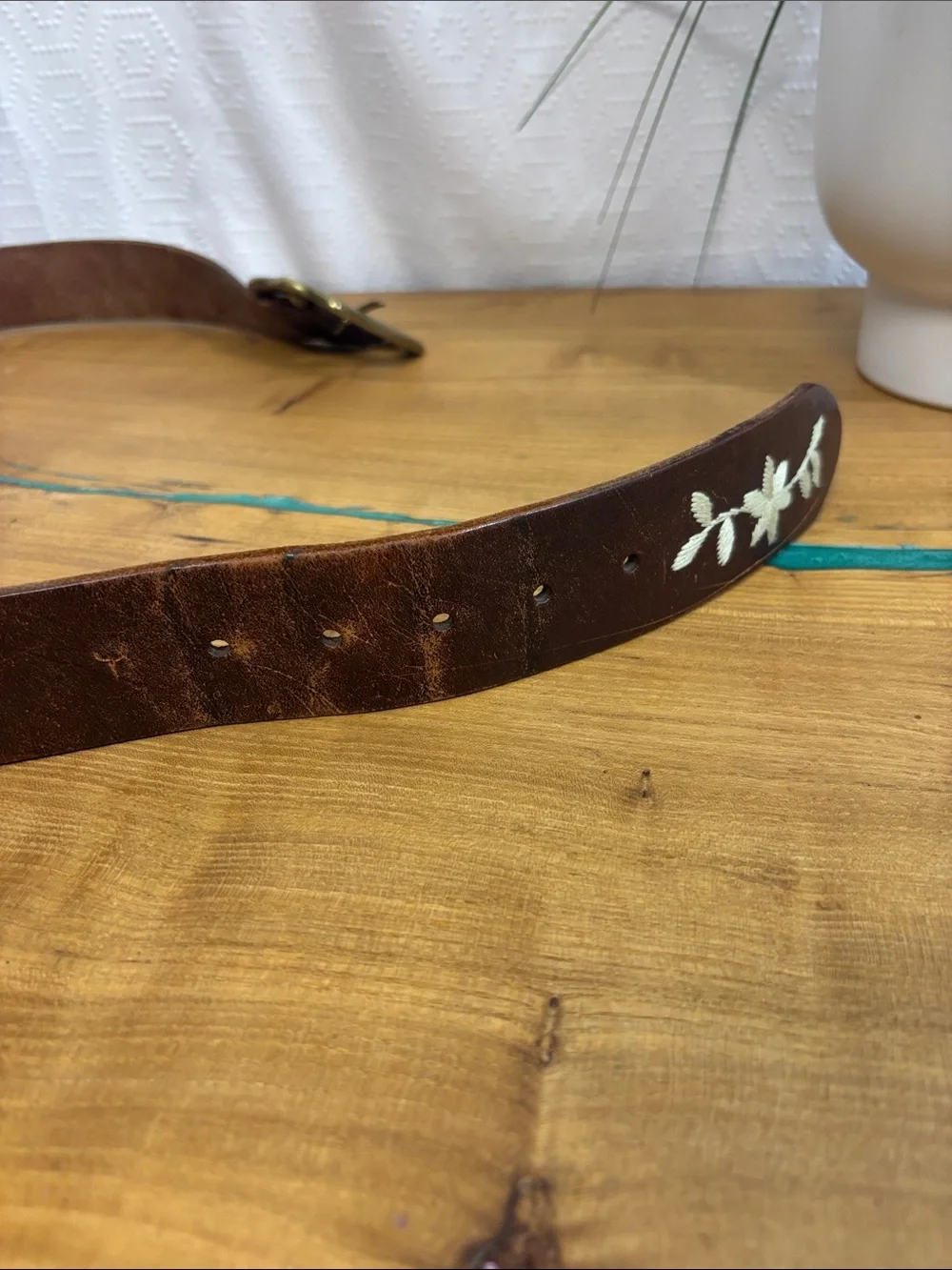 Lucky Brand Vintage Floral Embroidered Leather Belt. 36” solid brass